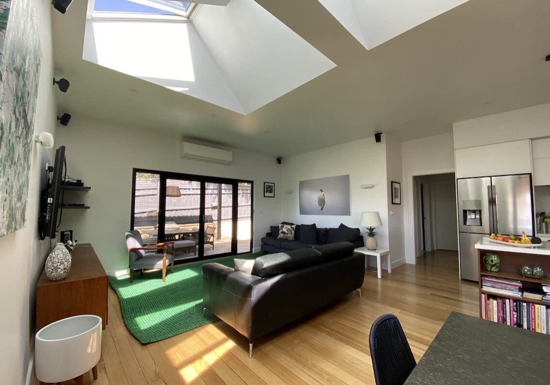 Interior view of ceiling in a Melbourne home with skylights installed into vaulted shafts