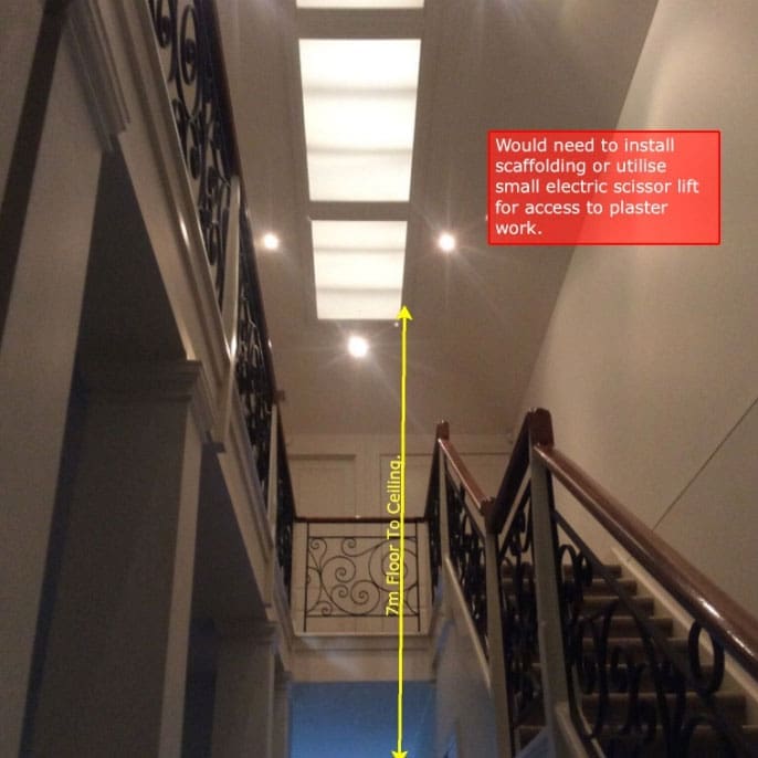 View of the staircase where scaffold will be installed