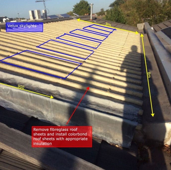 Steel corrugated roof annotated with the position of new skylights