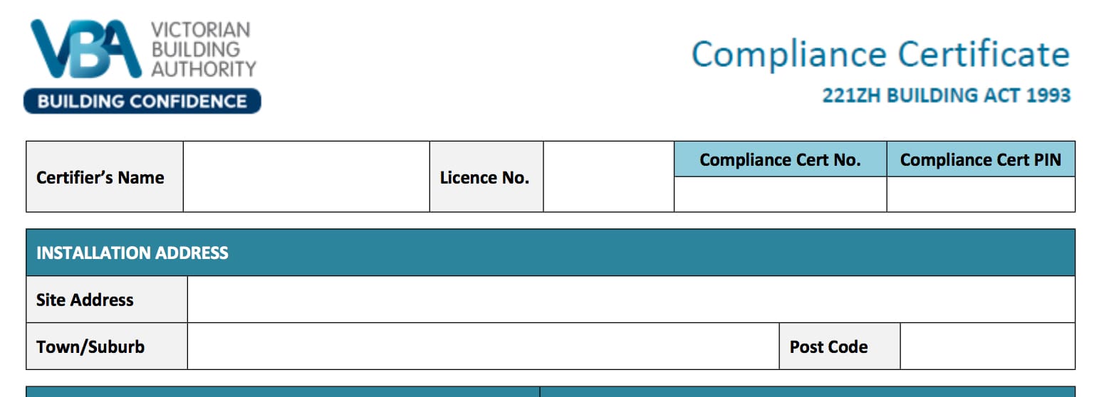 Victorian Building Authority compliance certificate